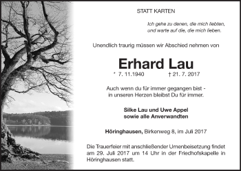 Traueranzeige von Erhard Lau von Waldeckische Landeszeitung