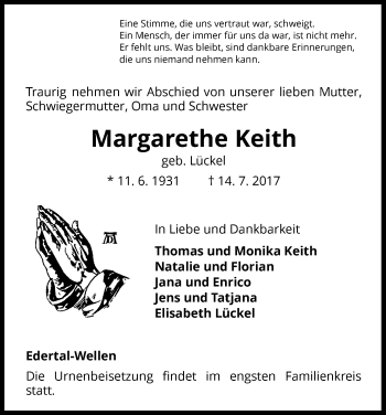 Traueranzeige von Margarethe Keith von Waldeckische Landeszeitung