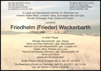 Traueranzeige von Friedhelm Wackerbarth von Waldeckische Landeszeitung