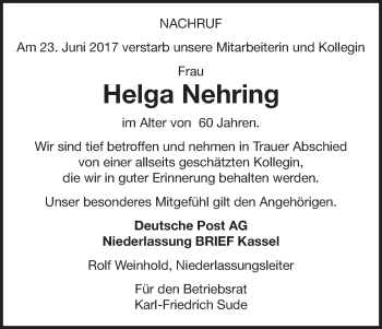 Traueranzeige von Helga Nehring von Waldeckische Landeszeitung