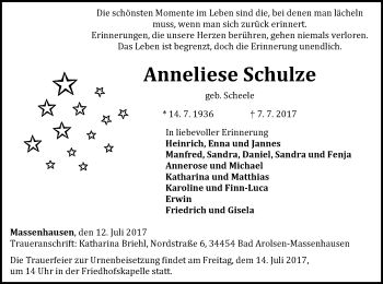 Traueranzeige von Anneliese Schulz von Waldeckische Landeszeitung