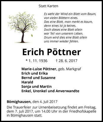 Traueranzeige von Erich Pöttner von Waldeckische Landeszeitung