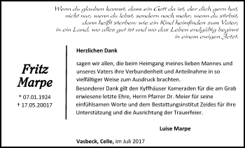 Traueranzeige von Fritz Marpe von Waldeckische Landeszeitung