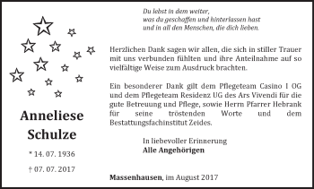 Traueranzeige von Anneliese Schulze von Waldeckische Landeszeitung