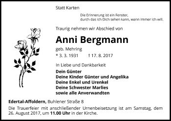 Traueranzeige von Anni Bergmann von Waldeckische Landeszeitung