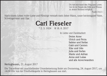 Traueranzeige von Carl Fieseler von Waldeckische Landeszeitung