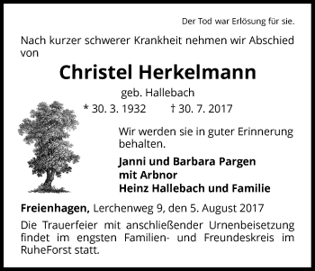 Traueranzeige von Christel Herkelmann von Waldeckische Landeszeitung