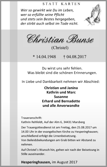 Traueranzeige von Christian Bunse von Waldeckische Landeszeitung