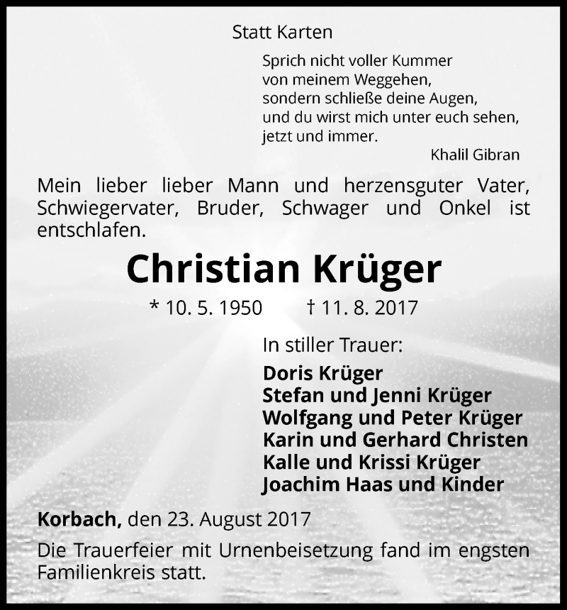  Traueranzeige für Christian Krüger vom 23.08.2017 aus Waldeckische Landeszeitung