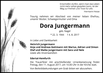 Traueranzeige von Dora Jungermann von Waldeckische Landeszeitung