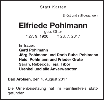 Traueranzeige von Elfriede Pohlmann von Waldeckische Landeszeitung