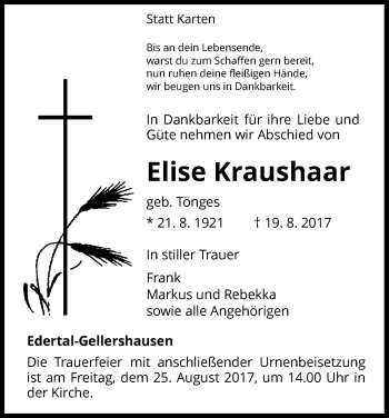 Traueranzeige von Elise Kraushaar von Waldeckische Landeszeitung