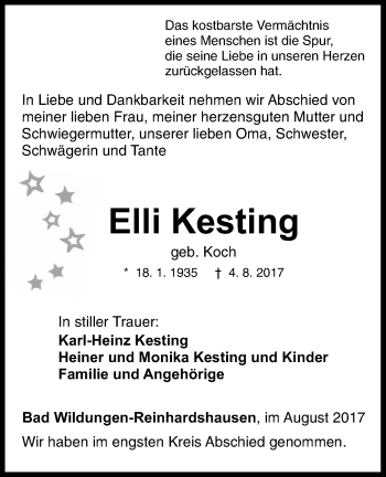 Traueranzeige von Elli Kesting von Waldeckische Landeszeitung