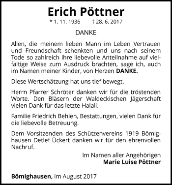 Traueranzeige von Erich Pöttner von Waldeckische Landeszeitung