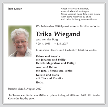 Traueranzeige von Erika Wiegand von Waldeckische Landeszeitung