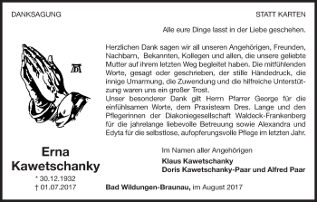 Traueranzeige von Erna Kawetschanky von Waldeckische Landeszeitung