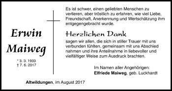 Traueranzeige von Erwin Maiweg von Waldeckische Landeszeitung