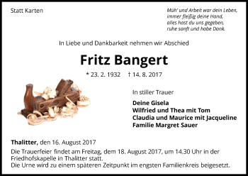 Traueranzeige von Fritz Bangert von Waldeckische Landeszeitung