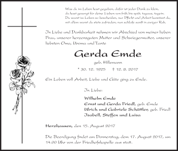 Traueranzeige von Gerda Emde von Waldeckische Landeszeitung