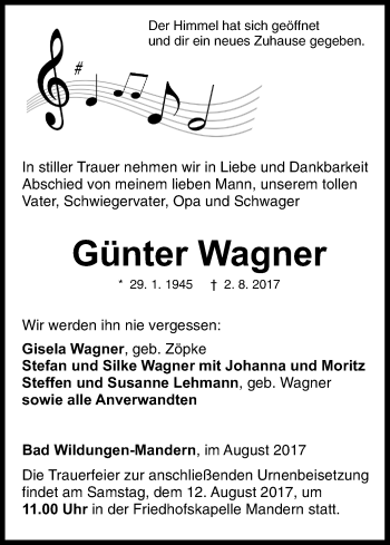 Traueranzeige von Günter Wagner von Waldeckische Landeszeitung