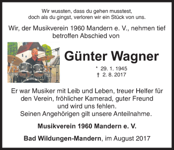 Traueranzeige von Günter Wagner von Waldeckische Landeszeitung