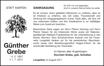 Traueranzeige von Günther Grebe von Waldeckische Landeszeitung