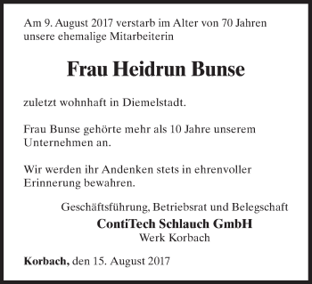 Traueranzeige von Heidrun Bunse von Waldeckische Landeszeitung