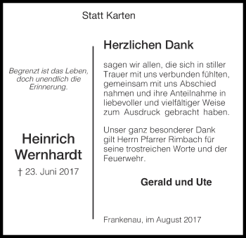 Traueranzeige von Heinrich Wernhardt von Waldeckische Landeszeitung