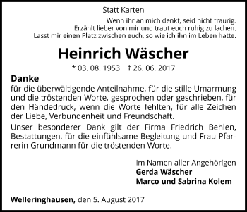 Traueranzeige von Heinrich Wäscher von Waldeckische Landeszeitung