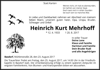 Traueranzeige von Heinrich Kurt Mehrhoff von Waldeckische Landeszeitung