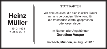 Traueranzeige von Heinz Müller von Waldeckische Landeszeitung