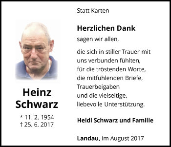 Traueranzeige von Heinz Schwarz von Waldeckische Landeszeitung