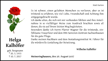 Traueranzeige von Helga Kalhöfer von Waldeckische Landeszeitung