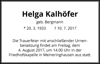 Traueranzeige von Helga Kalhöfer von Waldeckische Landeszeitung