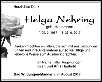 Traueranzeige von Helga Nehring von Waldeckische Landeszeitung