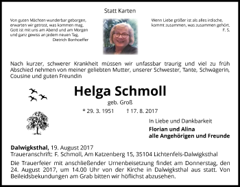 Traueranzeige von Helga Schmoll von Waldeckische Landeszeitung