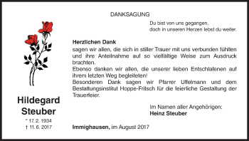 Traueranzeige von Hildegard Steuber von Waldeckische Landeszeitung