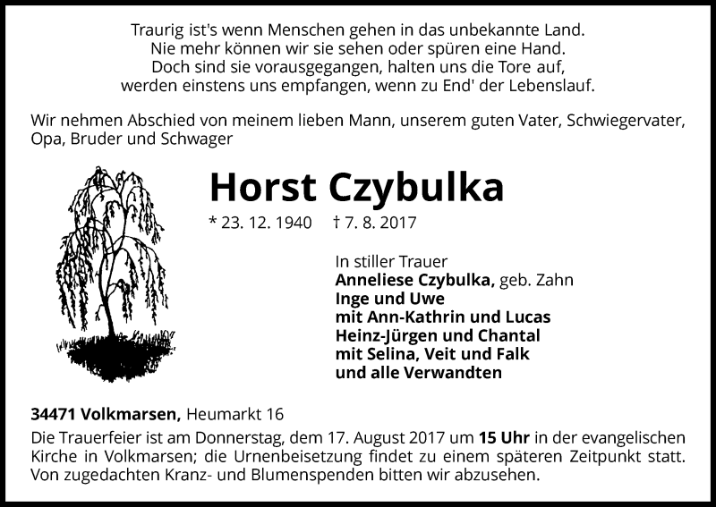  Traueranzeige für Horst Czybulka vom 12.08.2017 aus Waldeckische Landeszeitung