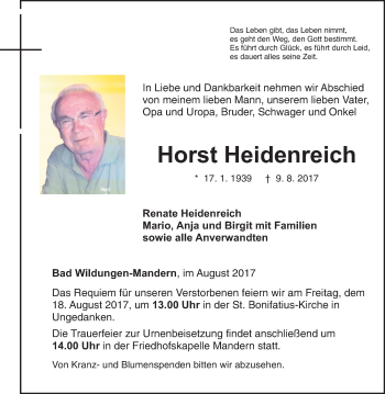 Traueranzeige von Horst Heidenreich von Waldeckische Landeszeitung