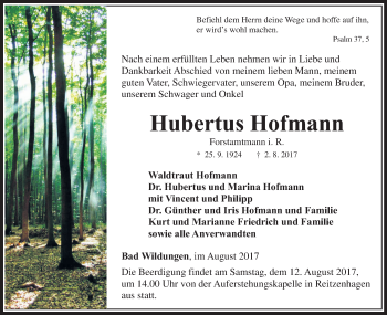 Traueranzeige von Hubertus Hofmann von Waldeckische Landeszeitung