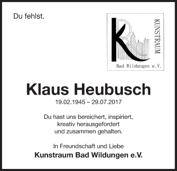 Traueranzeige von Kaus Heubusch von Waldeckische Landeszeitung