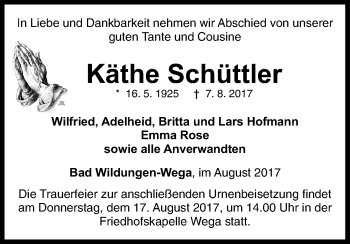 Traueranzeige von Käthe Schüttler von Waldeckische Landeszeitung