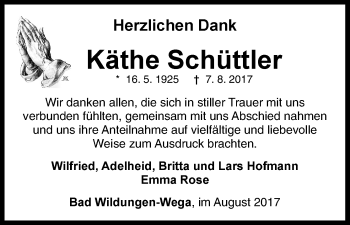 Traueranzeige von Käthe Schüttler von Waldeckische Landeszeitung