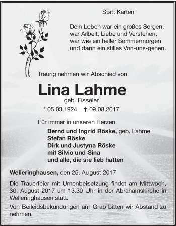 Traueranzeige von Lina Lahme von Waldeckische Landeszeitung