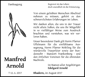 Traueranzeige von Manfred Arnold von Waldeckische Landeszeitung