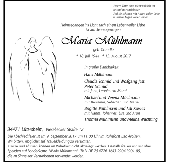 Traueranzeige von Maria Mühlmann von Waldeckische Landeszeitung