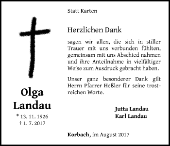 Traueranzeige von Olga Landau von Waldeckische Landeszeitung