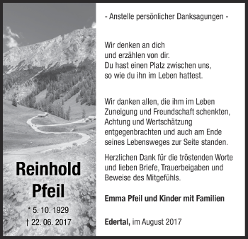 Traueranzeige von Reinhold Pfeil von Waldeckische Landeszeitung