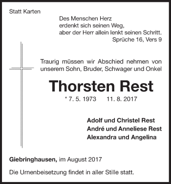 Traueranzeige von Thorsten Rest von Waldeckische Landeszeitung