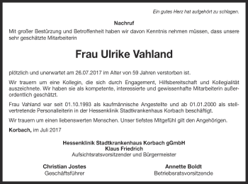 Traueranzeige von Ulrike Vahland von Waldeckische Landeszeitung